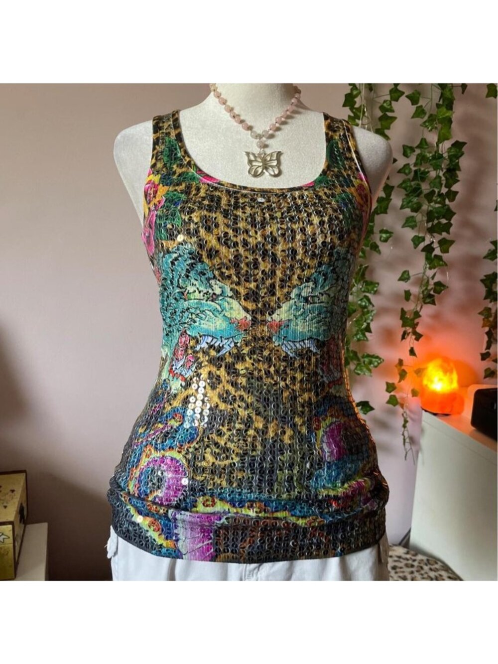 Y2K sequin leopard print graphic tank top